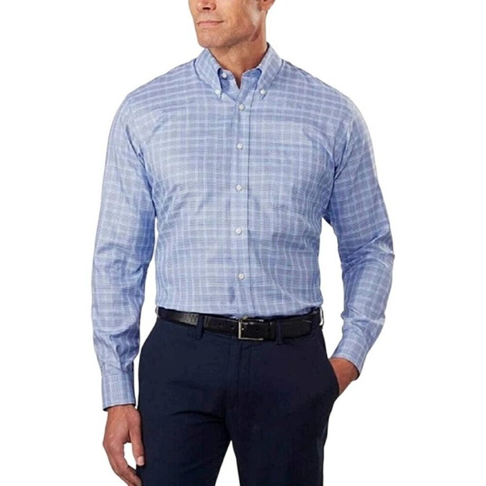 NEW Kirkland Signature Men's XL Blue Plaid Long Sleeve Dress Shirt